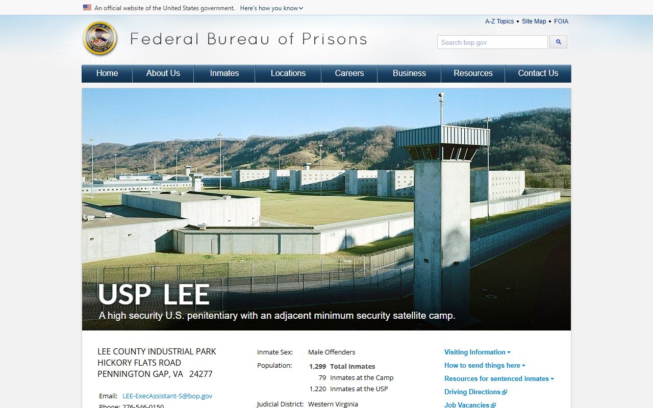 United States Penitentiary Lee BOP facility page for inmate records